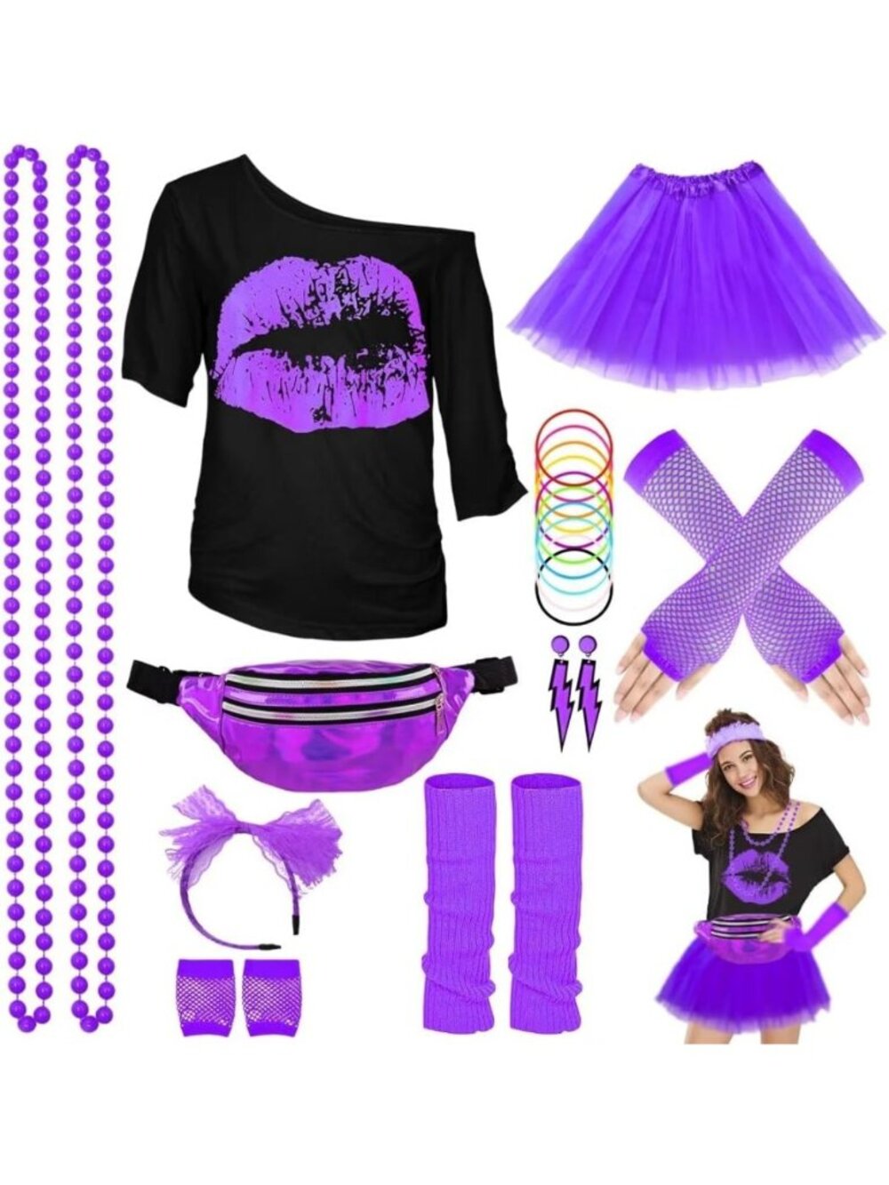 Retro 80s Women's Costume Set - T-Shirt, Tutu & 24PCS Accessories for Parties